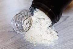 Faccia scorrere dal proteina del siero, dalla caseina o dal latte scremato, molla per la miscela vicino ad un agitatore nero Diet Immagini Stock Faccia scorrere dal proteina del siero, dalla caseina o dal latte scremato, molla per la miscela vicino ad un agitatore nero Diet Immagini Stock