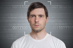 Face detection and recognition of man. Computer vision concept. Binary code in background royalty free stock photo Face detection and recognition of man. Computer vision concept. Binary code in background royalty free stock photo