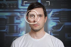 Face detection and recognition of man. Computer vision concept. Electronic circuit in background royalty free stock image Face detection and recognition of man. Computer vision concept. Electronic circuit in background royalty free stock image