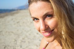 Face Of Young Beautiful Woman On Beach Royalty Free Stock Photography