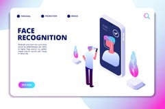 Face recognition isometric concept. Id verification smartphone scanner. Personal identify, face authentic reader vector stock illustration Face recognition isometric concept. Id verification smartphone scanner. Personal identify, face authentic reader vector stock illustration