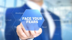 Face Your Fears, Man Working on Holographic Interface, Visual Screen royalty free stock images Face Your Fears, Man Working on Holographic Interface, Visual Screen royalty free stock images