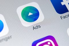 Facebook Ads application icon on Apple iPhone X screen close-up. Facebook Business app icon. Facebook Ads mobile application.