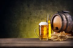 Faceted Glass Of Beer, Bottle And Barrel Stock Photos Faceted Glass Of Beer, Bottle And Barrel Stock Photos