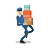 Facteur dans l'uniforme bleu portant le personnage de dessin animé lourd de colis, illustration de vecteur de courrier de la livr illustration libre de droits Facteur dans l'uniforme bleu portant le personnage de dessin animé lourd de colis, illustration de vecteur de courrier de la livr illustration libre de droits