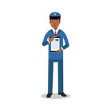Facteur de sourire dans le personnage de dessin animé se tenant uniforme bleu de presse-papiers, illustration de vecteur de courr illustration libre de droits Facteur de sourire dans le personnage de dessin animé se tenant uniforme bleu de presse-papiers, illustration de vecteur de courr illustration libre de droits
