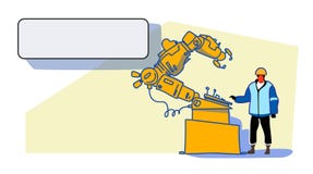 Factory worker in uniform engineer of conveyor controlling robot hand working process manufacturing industry robotic stock illustration Factory worker in uniform engineer of conveyor controlling robot hand working process manufacturing industry robotic stock illustration
