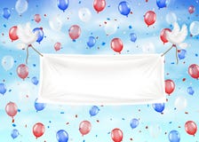 Fahnen mit Tauben- und Seilballonen auf Himmel stock abbildung Fahnen mit Tauben- und Seilballonen auf Himmel stock abbildung