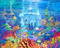 Fairy tale underwater castle interior. Fairy tale castle interior at the bottom of the magical sea. Digital Painting Background, Illustration