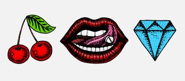 Faites face au baiser détaillé ou les lèvres, la cerise et le diamant Illustration de tatouage de mode pour des filles Gravé tiré illustration libre de droits Faites face au baiser détaillé ou les lèvres, la cerise et le diamant Illustration de tatouage de mode pour des filles Gravé tiré illustration libre de droits