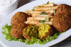 Falafel con le patate fritte su un piatto e su un tzatziki bianchi immagini stock libere da diritti Falafel con le patate fritte su un piatto e su un tzatziki bianchi immagini stock libere da diritti