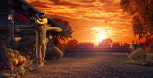 Fall in backyard with leaves falling from trees and Halloween pumpkin scarecrow, autumn background