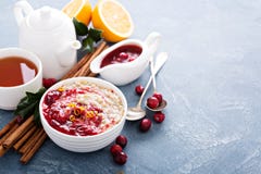 Fall breakfast with oatmeal and cranberry sauce stock image Fall breakfast with oatmeal and cranberry sauce stock image