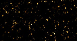 Falling gold glitter foil confetti, animation 3d movement on black background