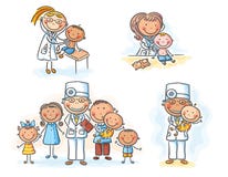 Familjdoktor med hans patienter, tecknad filmdiagram, illustration stock illustrationer Familjdoktor med hans patienter, tecknad filmdiagram, illustration stock illustrationer