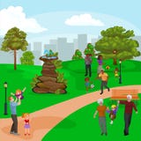 Famille heureuse en parc avec la fontaine, les garçons et les filles jouant dehors autour de la cascade de jardin, personnes occa illustration libre de droits Famille heureuse en parc avec la fontaine, les garçons et les filles jouant dehors autour de la cascade de jardin, personnes occa illustration libre de droits