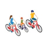 Family cyclists riding on a bicycle. Flat 3d isometric vector illustration. Mother, father and son stock illustration Family cyclists riding on a bicycle. Flat 3d isometric vector illustration. Mother, father and son stock illustration