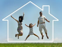 Family Jumping With Home In The Clouds Royalty Free Stock Image Family Jumping With Home In The Clouds Royalty Free Stock Image
