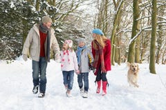Family Walking Dog Through Snowy Woodland