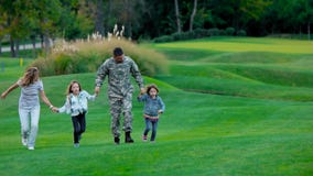 Família americana com o soldado dos E.U. do pai que joga no gramado do parque video estoque Família americana com o soldado dos E.U. do pai que joga no gramado do parque video estoque