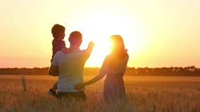 Família feliz: a mamã, o paizinho e o bebê são ponto no por do sol, ao estar em um campo de trigo O pai guarda seu filho no seu video estoque Família feliz: a mamã, o paizinho e o bebê são ponto no por do sol, ao estar em um campo de trigo O pai guarda seu filho no seu video estoque