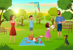 Família que tem o divertimento no piquenique no vetor do parque da cidade ilustração royalty free Família que tem o divertimento no piquenique no vetor do parque da cidade ilustração royalty free