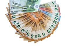 Euro money notes. Fan of euro banknotes isolated. royalty free stock photography Euro money notes. Fan of euro banknotes isolated. royalty free stock photography