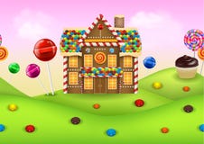 Fantasie candyland met peperkoekhuis stock illustratie Fantasie candyland met peperkoekhuis stock illustratie