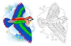 Fantasiillustration av älvornas rikeflygfågeln Färgrik och svartvit modell för att färga Arbetssedel för barn och vuxen människa vektor illustrationer Fantasiillustration av älvornas rikeflygfågeln Färgrik och svartvit modell för att färga Arbetssedel för barn och vuxen människa vektor illustrationer