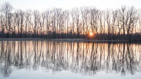Fantastic landscape of the sun, river and trees. Spring at river bank. Bare trees reflected in the water. Peace and