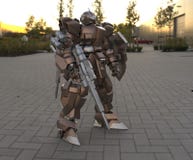 Fantastyka naukowa ?o?nierza mech pozycja na krajobrazowym tle Militarny futurystyczny robot z zieleni? i szaro?? barwimy metal M ilustracji Fantastyka naukowa ?o?nierza mech pozycja na krajobrazowym tle Militarny futurystyczny robot z zieleni? i szaro?? barwimy metal M ilustracji