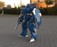 Fantastyka naukowa ?o?nierza mech pozycja na krajobrazowym tle Militarny futurystyczny robot z zieleni? i szaro?? barwimy metal M royalty ilustracja Fantastyka naukowa ?o?nierza mech pozycja na krajobrazowym tle Militarny futurystyczny robot z zieleni? i szaro?? barwimy metal M royalty ilustracja