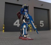 Fantastyka naukowa ?o?nierza mech pozycja na krajobrazowym tle Militarny futurystyczny robot z zieleni? i szaro?? barwimy metal M royalty ilustracja Fantastyka naukowa ?o?nierza mech pozycja na krajobrazowym tle Militarny futurystyczny robot z zieleni? i szaro?? barwimy metal M royalty ilustracja