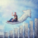 Fantasy concept as an excited guy seated on a cloud shaped as increasing graph, looking and pointing index finger up, dreaming of stock image Fantasy concept as an excited guy seated on a cloud shaped as increasing graph, looking and pointing index finger up, dreaming of stock image
