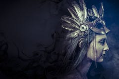 Fantasy Concept, Woman With Fashioned Golden Mask Stock Photo