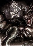 Fantasy drawing A warrior girl is fighting a giant serpent stock illustration Fantasy drawing A warrior girl is fighting a giant serpent stock illustration
