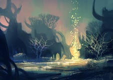 Fantasy landscape with a mysterious trees