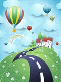 Fantasy landscape with road and hot air balloons stock illustration Fantasy landscape with road and hot air balloons stock illustration