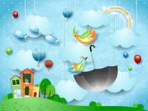 Fantasy landscape with village and flying umbrella and fishes royalty free illustration Fantasy landscape with village and flying umbrella and fishes royalty free illustration