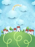 Fantasy landscape with village stock illustration Fantasy landscape with village stock illustration
