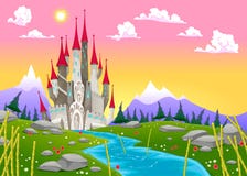 Fantasy mountain landscape with medieval castle royalty free illustration Fantasy mountain landscape with medieval castle royalty free illustration