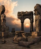 Fantasy temple ruins. 3D rendered fantasy ancient temple ruins with statues Fantasy temple ruins. 3D rendered fantasy ancient temple ruins with statues