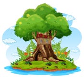 Fantasy tree house inside tree trunk on white background. Illustration