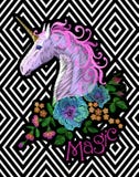 Fantasy unicorn embroidery patch sticker. Pink violet mane horse flower arrange poppy rose on geometric stripe Royalty Free Stock Photography Fantasy unicorn embroidery patch sticker. Pink violet mane horse flower arrange poppy rose on geometric stripe Royalty Free Stock Photography