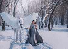 Fantasy woman elf goddess walk with mythical white horse Pegasus with white wings in winter forest. Long medieval in