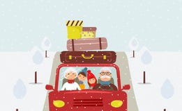 Farfadern, farmodern, sonsonen och sondottern går till jul semestrar stock illustrationer Farfadern, farmodern, sonsonen och sondottern går till jul semestrar stock illustrationer