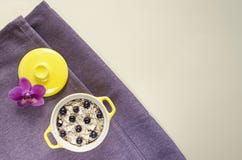 Farina d'avena sana della prima colazione posta piano in un vaso, muesli con i mirtilli freschi ed uva passa fotografia stock libera da diritti Farina d'avena sana della prima colazione posta piano in un vaso, muesli con i mirtilli freschi ed uva passa fotografia stock libera da diritti
