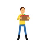 Farmer character in overalls standing near counter and selling fresh vegetables Royalty Free Stock Photo Farmer character in overalls standing near counter and selling fresh vegetables Royalty Free Stock Photo