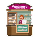 Farmácia, produto farmacêutico, drograria Medicina, droga, conceito da medicamentação Ilustração do vetor dos desenhos animados ilustração stock Farmácia, produto farmacêutico, drograria Medicina, droga, conceito da medicamentação Ilustração do vetor dos desenhos animados ilustração stock