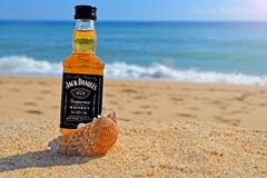 Faro, Portugal - 12/10/2018: weinig whisky van flessenjack daniels in oceaanshells bevindt zich op het zand Alcoholische partij i stock foto's Faro, Portugal - 12/10/2018: weinig whisky van flessenjack daniels in oceaanshells bevindt zich op het zand Alcoholische partij i stock foto's